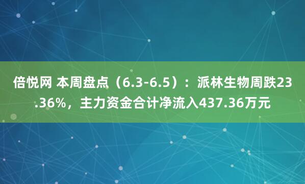 倍悦网 本周盘点（6.3-6.5）：派林生物周跌23.36%，主力资金合计净流入437.36万元